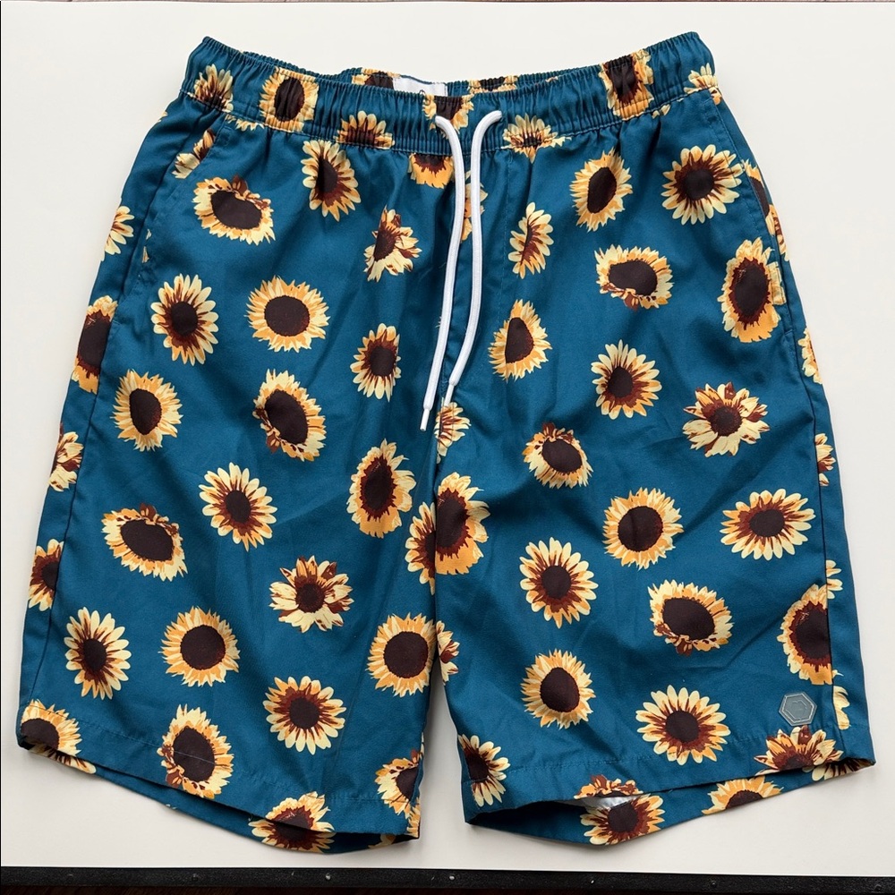 Pacific Sunwear Sunflower Print Swim Shorts - Teal & Yellow Men’s Size Small